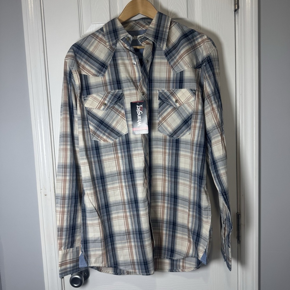 Wrangler 20X Men's Size Medium Tan Blue Plaid Pearl Snap Western Shirt NWT